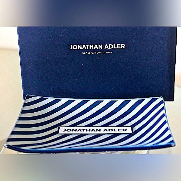 JOHNATHON ADLER GLASS CATCHALL TRAY NAVY STRIPING NIB 6 BY 4 - Picture 4 of 5